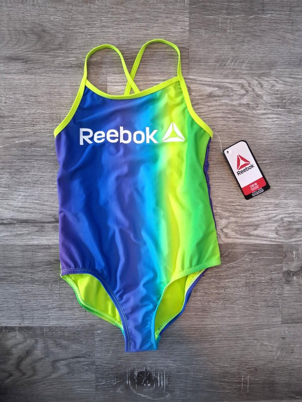 NWT Reebok Girls Medium Blue And Green Full Body One Piece Swimsuit/Swimwear